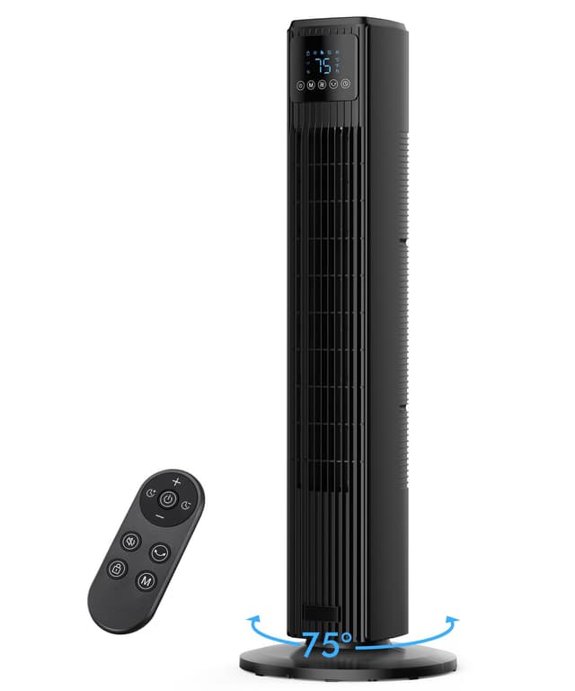 PNTCK Turmventilator, Ventilator leise mit Fernbedienung, 90° oszillierender Standventilator mit 4 Geschwindigkeiten & 4 Modi, 12H Timer, 8 m/s Luftstrom, Ventilator für Zuhause, Büro & Innenräume Schwarz