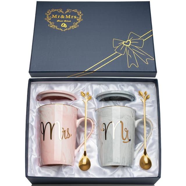 Hochzeitsgeschenke für Brautpaar, 2Pcs Hochzeitsgeschenk Tassen Set Keramik Marmor Geschenke für Paare, Lustig Mr und Mrs Tasse Geschenke zur Hochzeit, Hochzeitsgeschenke, Verlobungsgeschenk, 14Oz Simple Mr Mrs