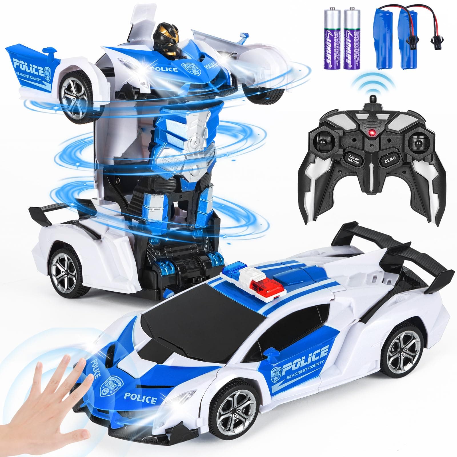 Highttoy Verwandelbares RC Polizeiauto mit Gestenerfassung, Licht und Musik, 2.4GHz 360° Drehung 1:18 Ferngesteuertes Auto Roboter Spielzeug ab 3 4 5 6 7 8 Jahre Jungen Mädchen Geschenk, Weiß
