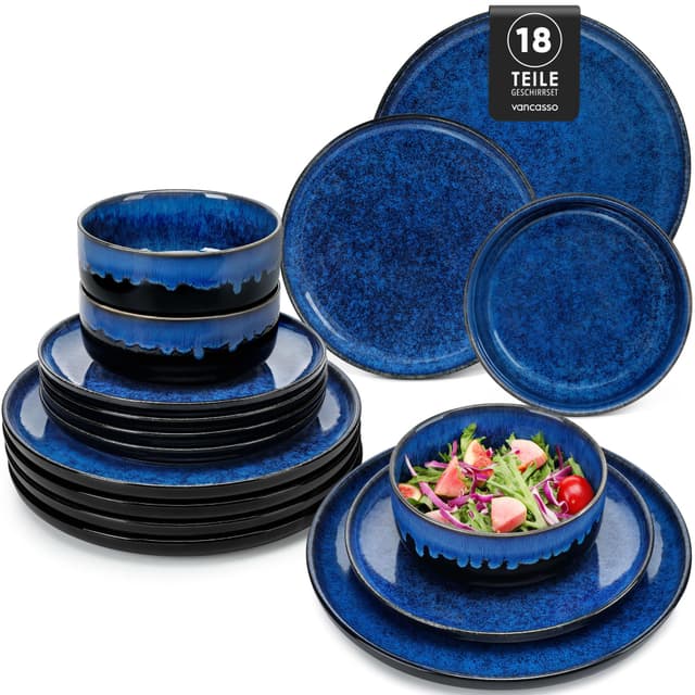 Geschirrset 6 Personen modern, vancasso STARRY 18 teiliges Steinzeug Geschirr Set, Teller Set, Kombiservice Set Blau, Tafelservice 6 Personen, Inklusive Speiseteller, Dessertteller und Müslischalen Starry-blau 18 Teile Set