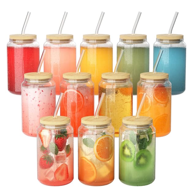 FINEW 12 Stück Gläser mit Deckel und Strohhalm, 16oz/450ml Eiskaffee Gläser, Cocktailgläser, Iced Coffee Glas, Longdrinkglas mit 2 Reinigungsbürsten für Bubble Tea, Whiskey, Cocktail, Biergläser 12er Set
