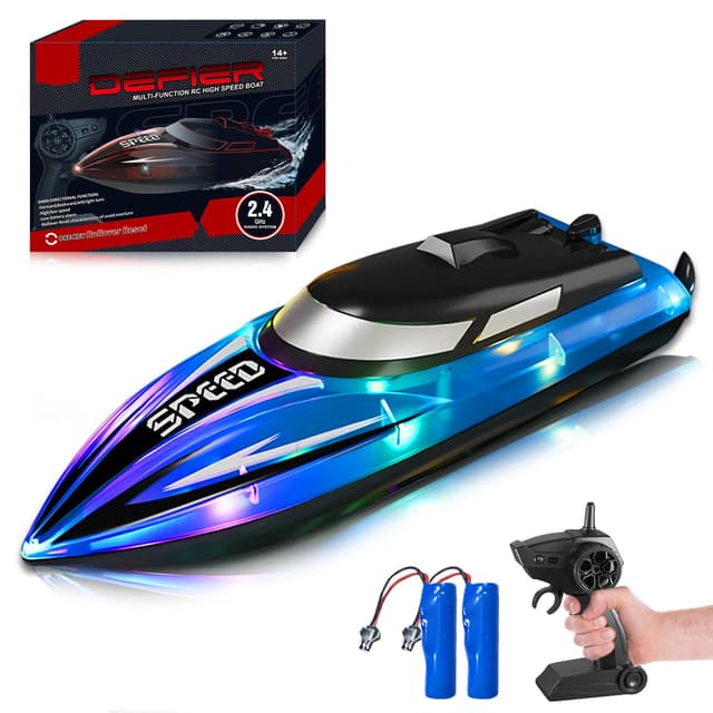 RoserRose Ferngesteuertes Boot, RC Boot mit LED-Beleuchtung – 2.4G Fernsteuerung, Doppelmotor, Wasserdicht & Umkippschutz – Motorboot Ferngesteuert Kinder Inkl, 2 Akkus für Meere, Pools und Seen Blue