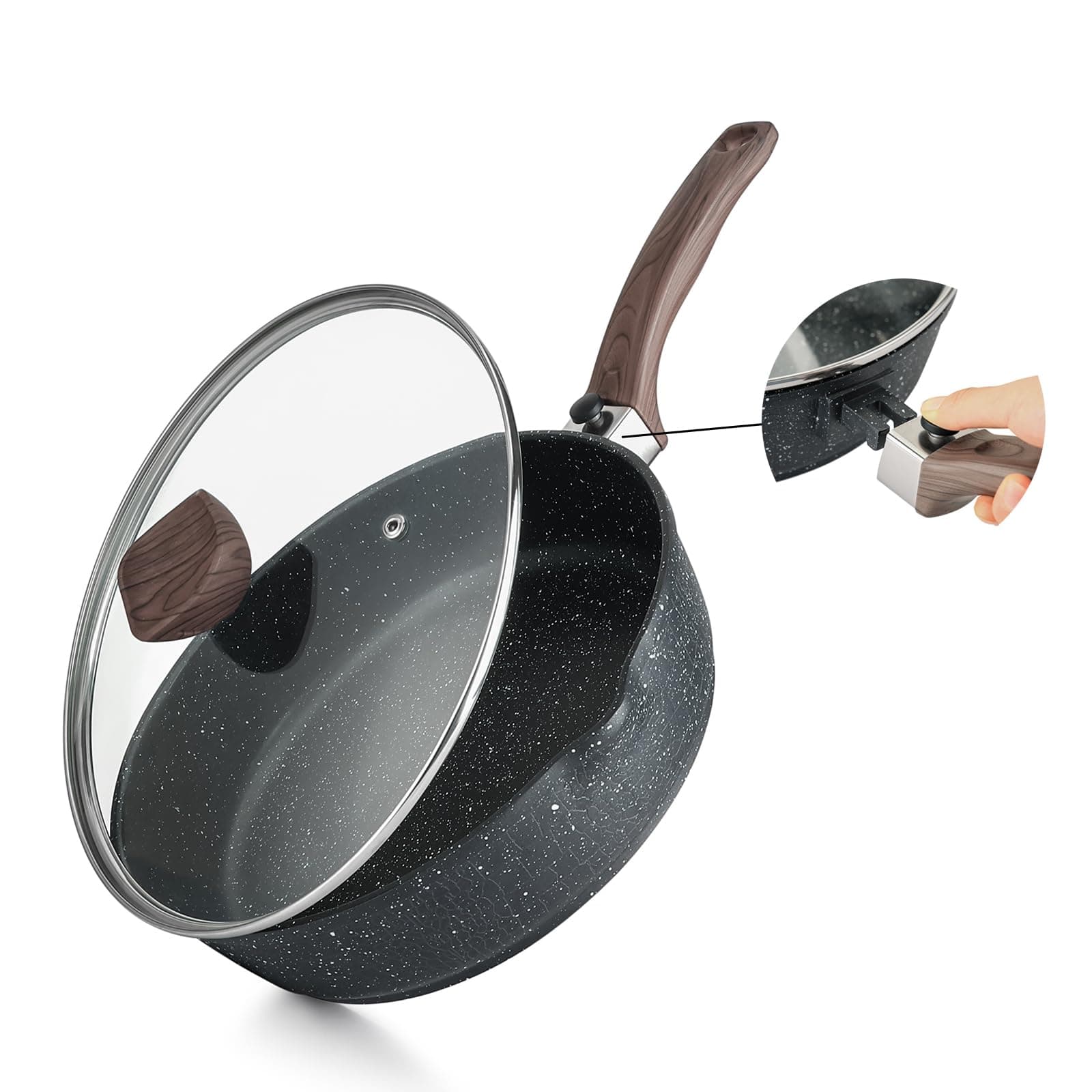 Kordisen Antihaft-Bratpfanne mit Deckel, 28 cm Induktion Sautepfanne mit Abnehmbarem Holzgriff, Granitsteinbeschichtung zum Kochen, Kompatibel für alle Herdarten, PFOA-frei