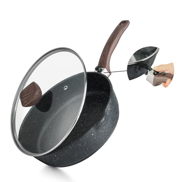 Kordisen Antihaft-Bratpfanne mit Deckel, 28 cm Induktion Sautepfanne mit Abnehmbarem Holzgriff, Granitsteinbeschichtung zum Kochen, Kompatibel für alle Herdarten, PFOA-frei
