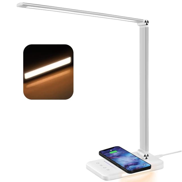 BIENSER Schreibtischlampe LED mit 10W Wireless Charging, USB Ladefunktion, 600LM Bürolampe Tischlampe mit 10 Helligkeits X 5 Farbstufen Dimmbar, Nachtlicht, Memory-Funktion, Auto Timer, 6000K, 24W 24w Adapter - Silber