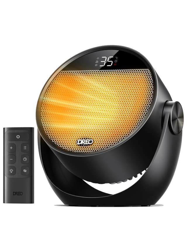 Dreo Heizlüfter Energiesparend Klein, Leiser 1500W Tragbar Heizlüfter mit Fernbedienung, Thermostat, 60° Neigbar, 8 Sicherheitsfunktionen, PTC-Keramik,12-Std-Timer, 3 Modus 3 Geschwindigkeit, Schwarz