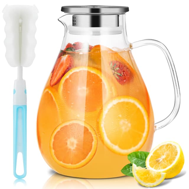 SUSTEAS 2.5 Liter 75oz Wasserkaraffe, Glaskaraffe mit Deckel und Breitem Griff, Leicht zu Reinigender Glas Karaffe für den Kühlschrank, Wasserkrug für Kaltes/Heißes Wasser, Eistee, Mit Bürste