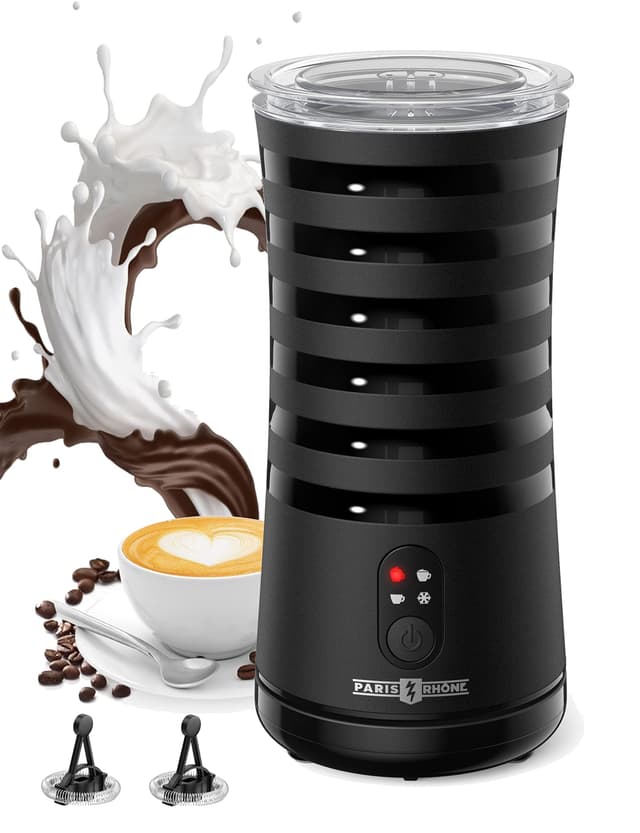 PARIS RHÔNE Milchaufschäumer Elektrisch 4-in-1 Milchschäumer für Heißer und Kalter Milchschaum, Warme Milch, Rutschfest Griffige Form Automatische Abschaltung Milchbehälter Schwarz