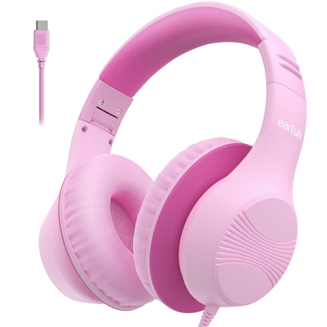 EarFun Kinder Kopfhörer mit USB-C Kabel, 85dB Lautstärkenbegrenzer, Komfortables Tragen, Hi-Fi Klang, Faltbare, 8-stufig Verstellbares Kopfband, Over Ear Kinderkopfhörer für Schule/Tablet/PC, Rosa USB-C Kabel Rosa