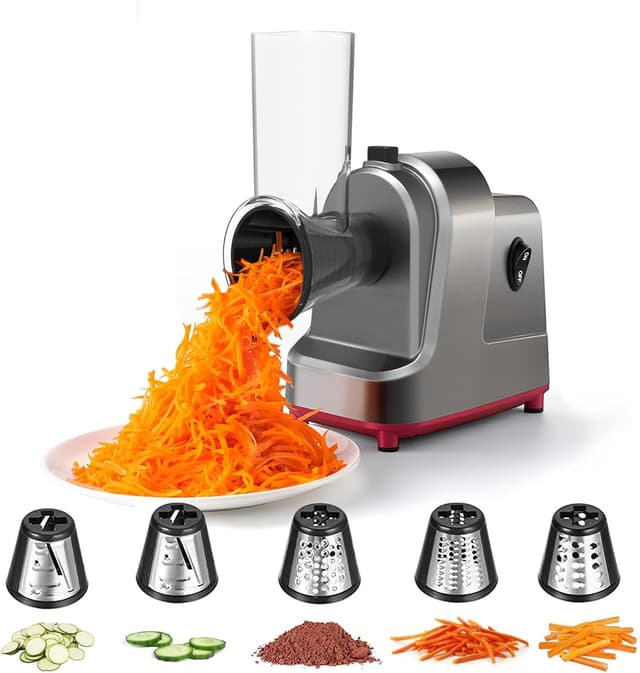 Elektrische Käsereibe Gemüsehobel - Elektrische Drehreibe Chopper Salat Maker mit 5 Edelstahltrommeln für Gurke, Karotte, Kartoffel, Nüsse