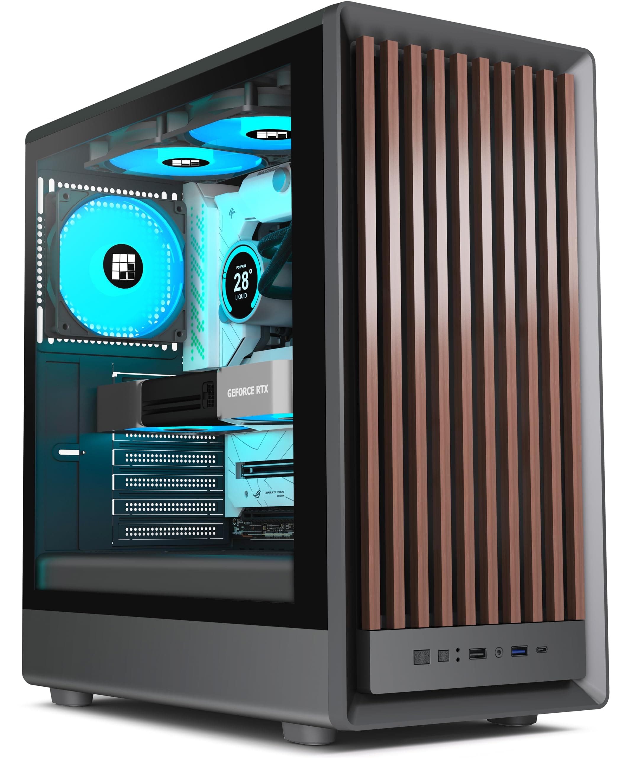 FOIFKIN M1 PC Gehäuse - Holz-Walnuss-Front, vorinstallierter 4 PWM ARGB-Lüfter, ATX Mid-Tower Gaming-PC-Gehäuse, mit Typ-C,Schwarz (Schwarz, M1) M1 Schwarz