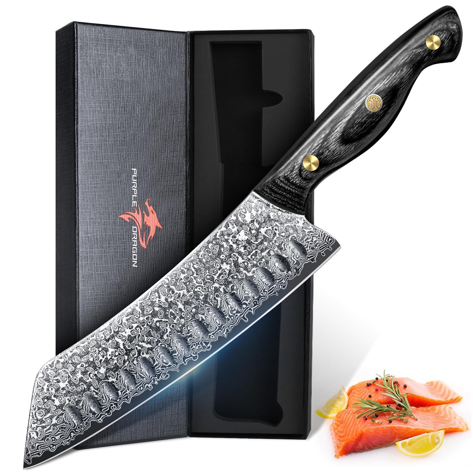 Purple Dragon Damaskus Kiritsuke Messer 7 Zoll, japanische Messer mit scharfem Rand und Holzgriff Hand geschmiedete Kochmesser für den Hausgebrauch, Fleisch Gemüse Fischmesser, Geburtstagsgeschenk