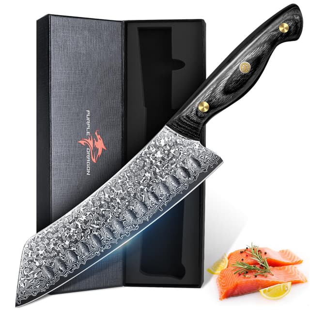 Purple Dragon Damaskus Kiritsuke Messer 7 Zoll, japanische Messer mit scharfem Rand und Holzgriff Hand geschmiedete Kochmesser für den Hausgebrauch, Fleisch Gemüse Fischmesser, Geburtstagsgeschenk