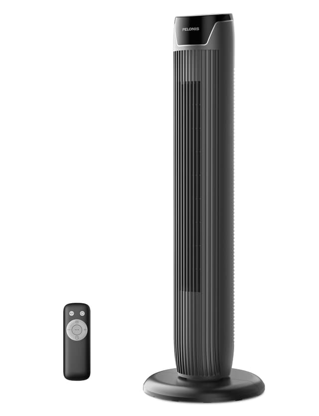 Pelonis Turmventilator mit Fernbedienung - 5 Geschwindigkeitsstufen & 4 Modi (AI/Nacht/Naturwind) 9H Timer, LED-Display mit Speicherfunktion - Energiesparender Ventilator für Büro Schlafzimmer