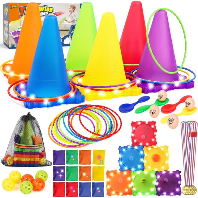Eocolz Light Up Pylonen Kinder Outdoor Spiele Wurfspiel Cornhole Spiel Outdoor Gartenspielzeug Ringwurfspiele Kinder Kegelspiel Parcours Sitzsäcken Bällen Eierlauf Rasenspiel Geburtstagsfeier/Ostern