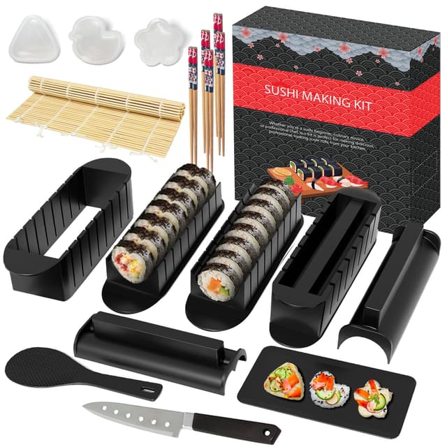HI NINGER Sushi Maker Set zum Selber Machen - Deluxe Edition: 20-teiliges Sushi Set für Einsteiger mit Rollmatte, Reisrollformen, Messer, Stäbchen – Komplettset（Schwarz）