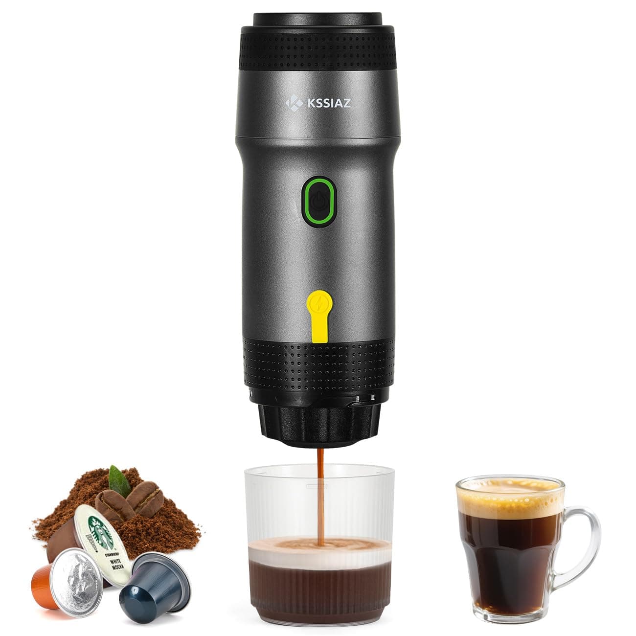 Kssiaz Tragbare Espressomaschine, Elektrische Espressomaschine mit Selbsterhitzung, USB & Autoladegerät, Mini-Kaffeemaschine mit NS-Kapsel & Gemahlenem Kaffee für Camping, Wandern, Reisen, Schwarz Schwarz Elektrischer Typ