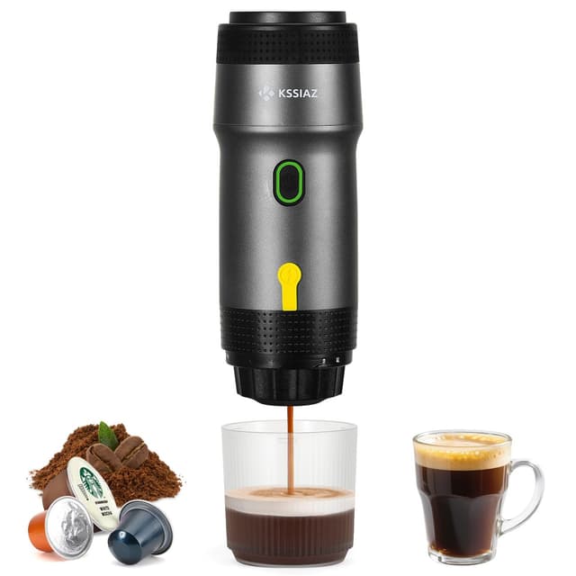 Kssiaz Tragbare Espressomaschine, Elektrische Espressomaschine mit Selbsterhitzung, USB & Autoladegerät, Mini-Kaffeemaschine mit NS-Kapsel & Gemahlenem Kaffee für Camping, Wandern, Reisen, Schwarz Schwarz Elektrischer Typ