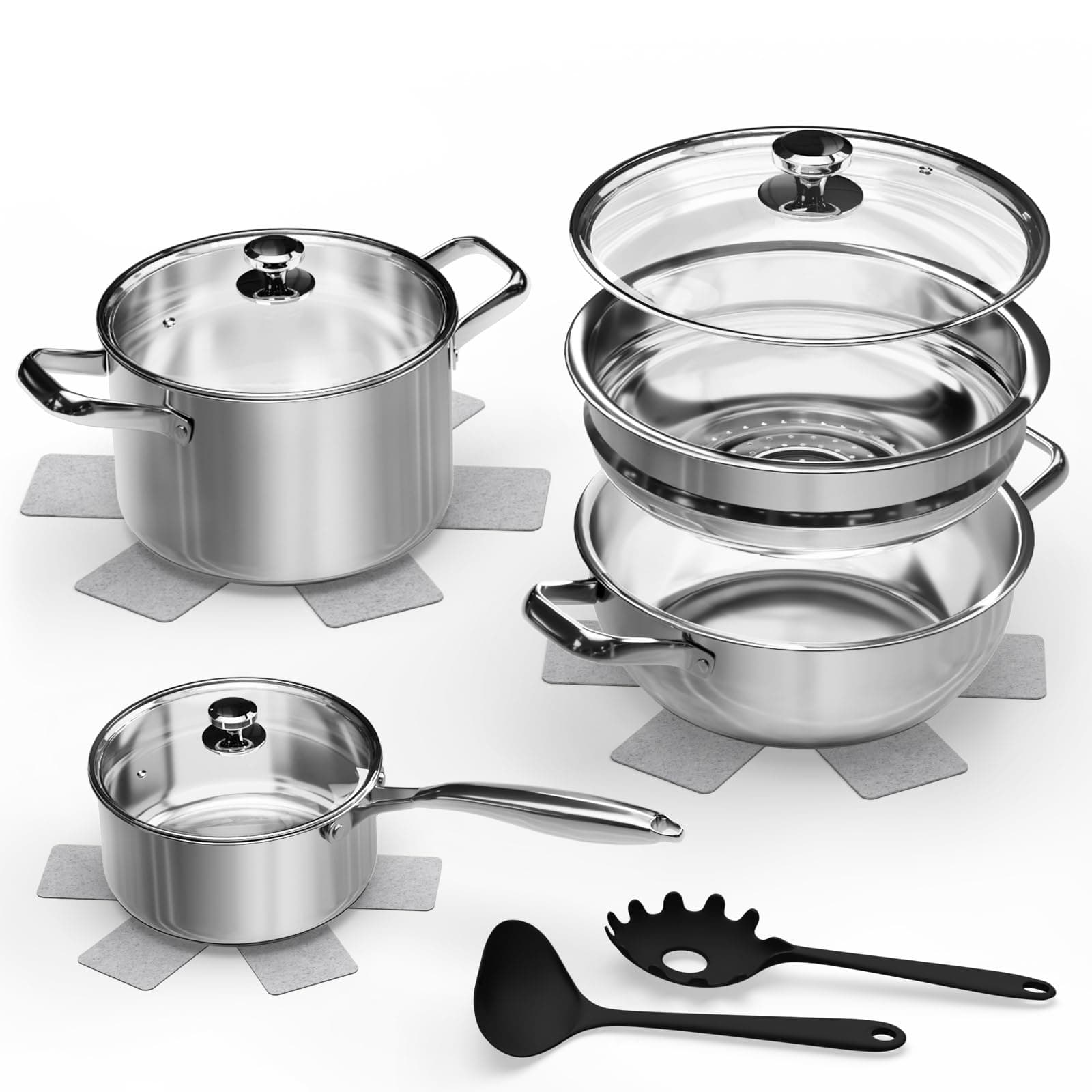 Topfset Induktion 12-teilig, Edelstahl Kochtopf Set mit 3-lagigem Sandwichboden, inkl. Dampfgarer, 3x Pfannenschutz & Kochbesteck, Backofenfest bis 250°C & Spülmaschinenfest, für alle Herdarten 12pc-1