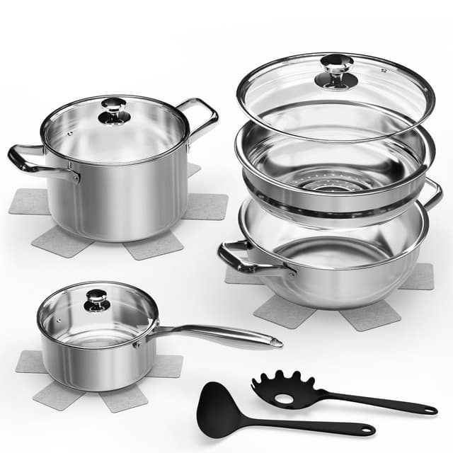 Topfset Induktion 12-teilig, Edelstahl Kochtopf Set mit 3-lagigem Sandwichboden, inkl. Dampfgarer, 3x Pfannenschutz & Kochbesteck, Backofenfest bis 250°C & Spülmaschinenfest, für alle Herdarten 12pc-1