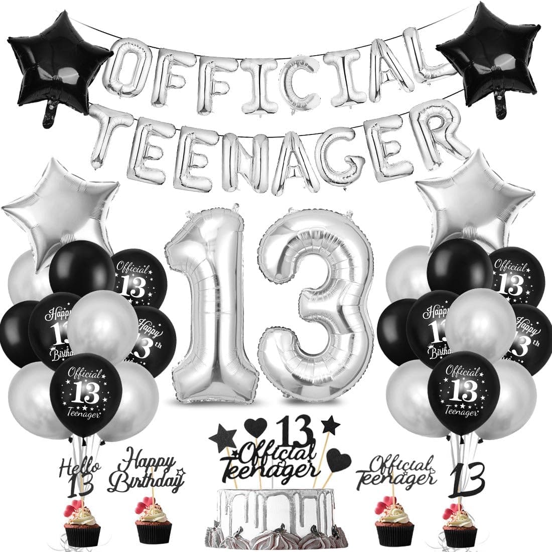 13. Geburtstag Dekoration Set, 13 Geburtstag deko, Luftballons 13. Ballons Schwarz Silber, Geburtstagsdeko 13 Jahre Junge Mädchen,Happy Birthday Girlande Banner