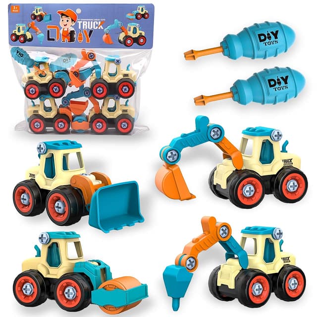 aovowog Bagger Spielzeug ab 3 4 5 Jahren für Jungen,4 in 1 BAU Jungen Sandkasten Sandspielzeug Engineering Set,Zerlegen DIY Baufahrzeuge Lernspielzeug für Kinder