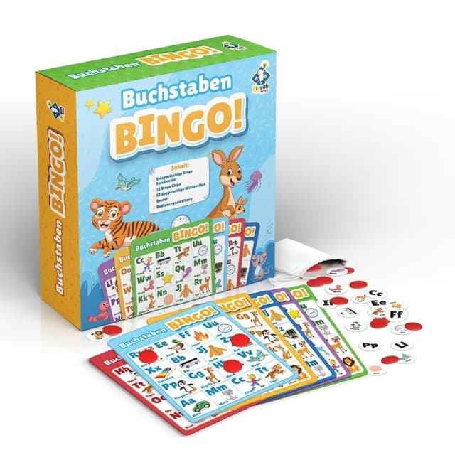 NIYYAH ABC Bingo Lernspiel ab 4 5 6 Jahre Buchstaben Lernen Vorschule Spiel Schulanfänger 1 Klasse Gesellschaftsspiel Kinder Einschulung Geschenk Lernspielzeug