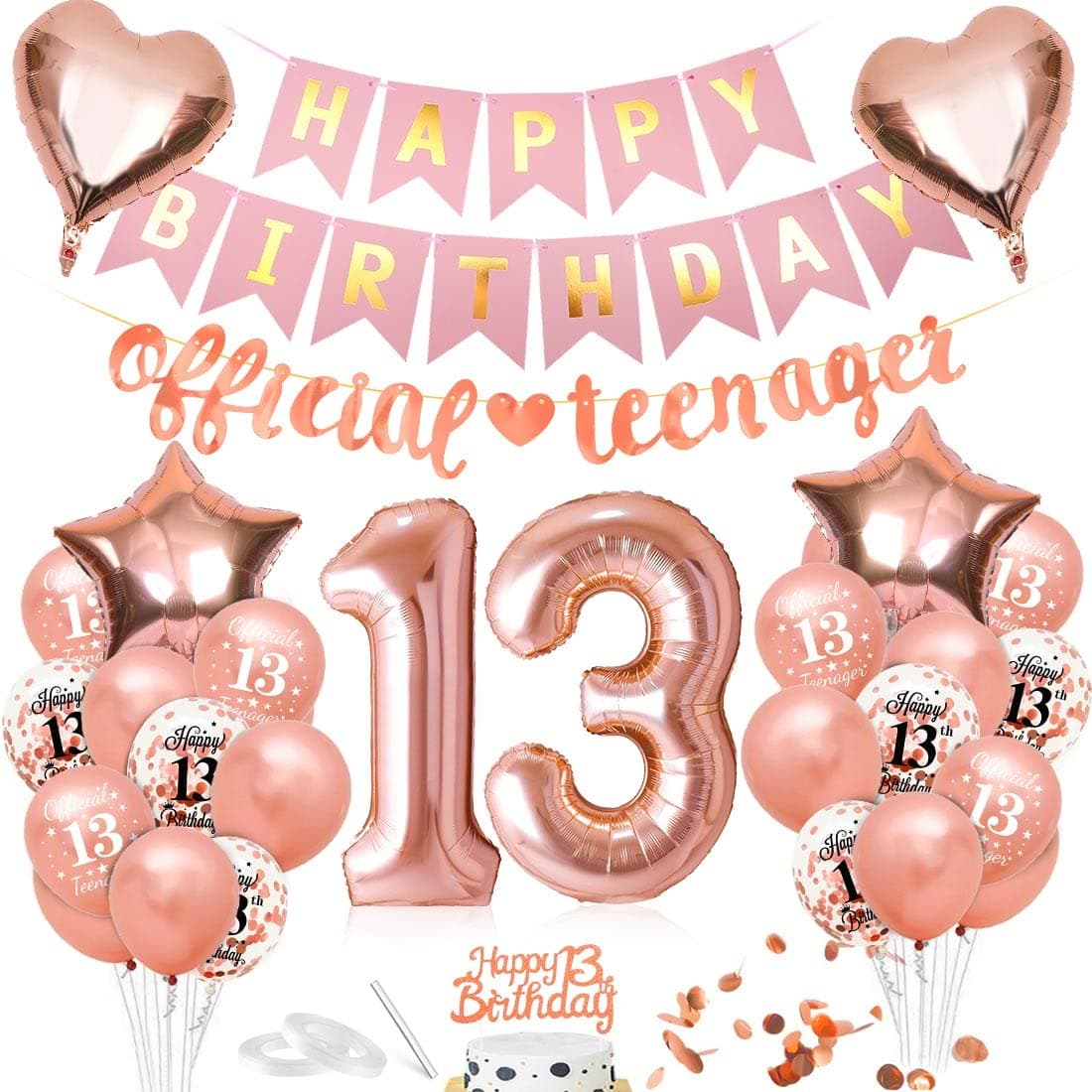 Bluelves Luftballon 13. Geburtstag Rosegold, Deko 13 Geburtstag, Geburtstagsdeko 13 Jahr, Riesen Folienballon Zahl 13, Happy Birthday Girlande 13