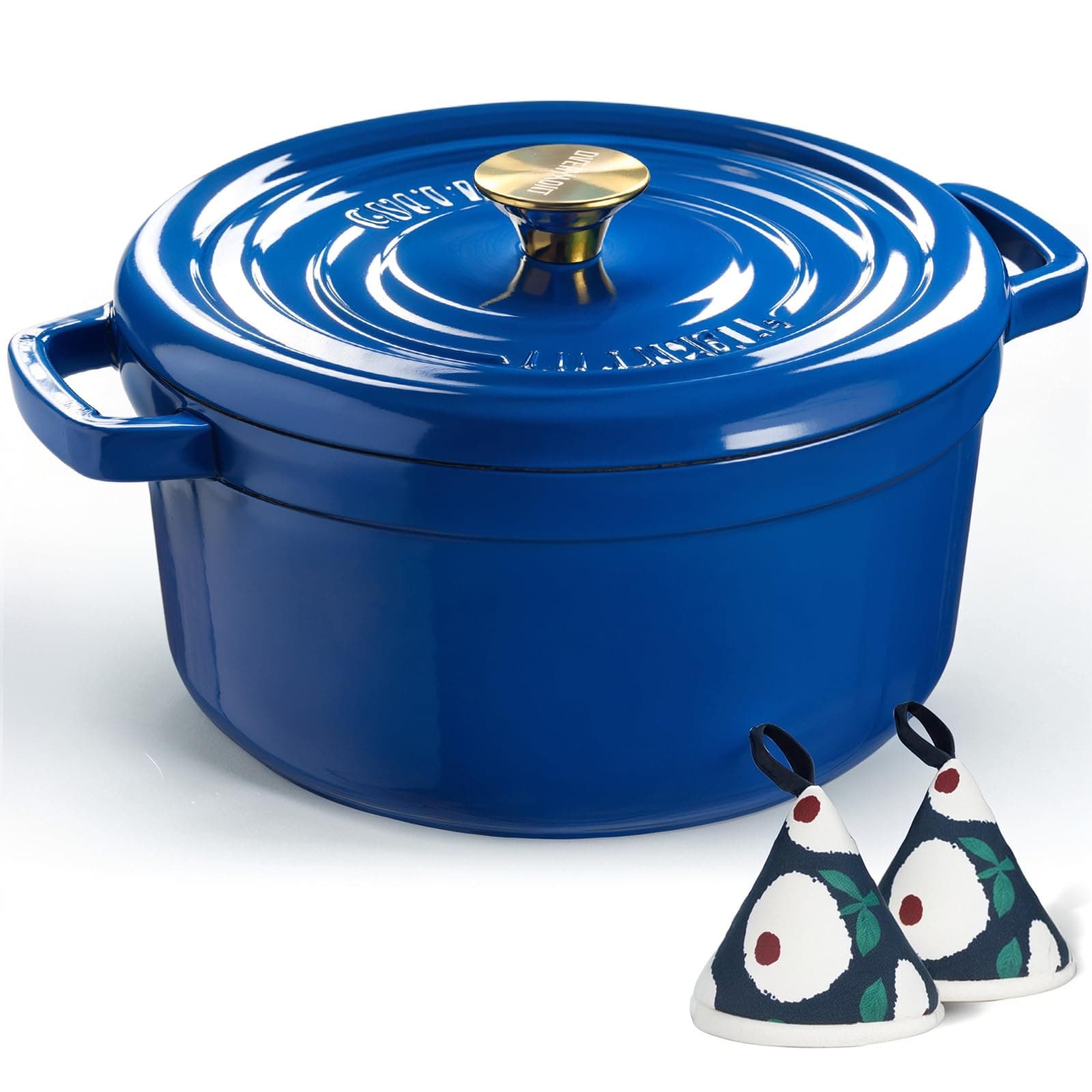Overmont Bräter Emailliert Gusseisen Topf - Dutch Oven 26cm backofengeeignet mit Deckel und Kochbuch - für Braten Küche Backen Schmoren Königsblau