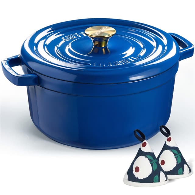 Overmont Bräter Emailliert Gusseisen Topf - Dutch Oven 26cm backofengeeignet mit Deckel und Kochbuch - für Braten Küche Backen Schmoren Königsblau