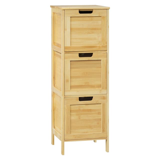 EUGAD Badezimmerschrank schmal, Badschrank mit 3 abnehmbaren Schubladen, Aufbewahrungsschrank stehend, Eckschrank Mehrzweckschrank, aus Bambus, Naturfarbe, 30x90x30 cm 30 x 30 x 90 cm Naturfarbe