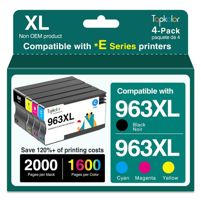Topkolor 963XL Kompatibel für HP 963 XL Druckerpatronen für HP OfficeJet Pro 9012e 9022e 9010e 9015e 9014e 9010 9012 9020 9014 9018 9019 9022 9020e 9025e 9016e Patronen (Schwarz, Cyan, Magenta, Gelb) 963XL-4PACK