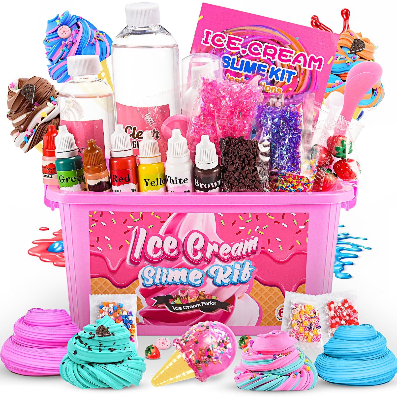 Adeokay Slime Set, DIY Eis Schleim Kit, Fluffy & Weicher Schleim, 5 Farben, 3 Geschmacksverstärker, Schneepulver, Schaumstoffkugeln, Bunte Teile, Süßigkeiten, Mädchen 6-12 Jahre, Geburtstagsgeschenk