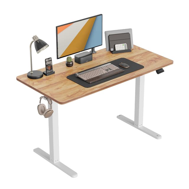 CubiCubi Schreibtisch Höhenverstellbar Elektrisch, 100 x 60 cm Stehpult T-Beine aus Stahl mit Funktions-Memory-Steuerung, Anti-kollisions System, Weiß Rahmen/Hellbraun Tischplatte 100 x 60 cm Hellbraun