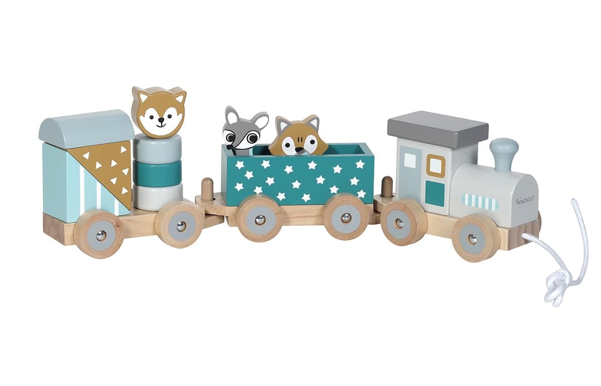 Kindsgut Holz-Eisenbahn, mit Holzbausteinen und Zoo-Tieren, dezente Farben und hochwertige Qualität, umweltfreundliche Materialien und frei von Schadstoffen, Petrol