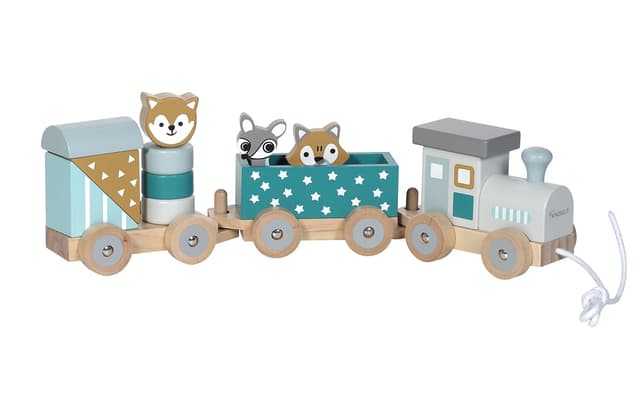 Kindsgut Holz-Eisenbahn, mit Holzbausteinen und Zoo-Tieren, dezente Farben und hochwertige Qualität, umweltfreundliche Materialien und frei von Schadstoffen, Petrol