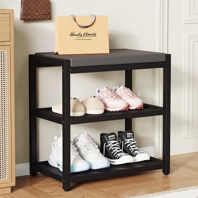 ZHOOGE Schuhbank mit Sitzfläche, Sitzbank, Sitztruhe, Schuhregal mit 2 Gitterablagen für Eingangsbereich, Flur, Wohnzimmer, Metallgestell, Bis 150 kg Belastbar, 47 x 30 x 43 cm, Black Schwarz 47 x 30 x 43 cm