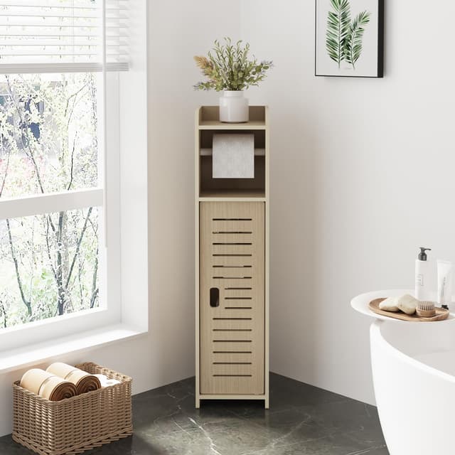 Dripex Badezimmerschrank, Toilettenschrank mit Papierrollenhalter, Badschrank schmal, Beistellschrank, Aufbewahrungsschrank 80x18x20cm, Holzfarbe Holzfarbe-Größe Tür
