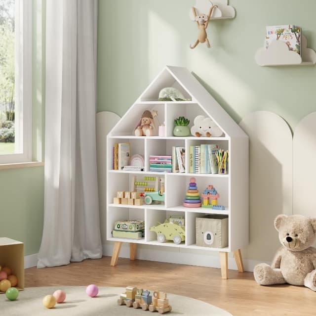WOLTU Kinder Bücherregal Standregal Hausform Regal Kinderregal Aufbewahrungsregal für Kinder Kinderzimmerregal mit 5 Ebenen Spielzeug-Organizer Spielzeugregal, Weiß, KR010