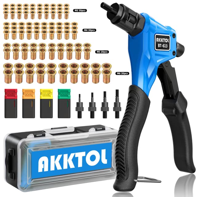 AKKTOL Nietmutternzange, Nietmutternzange Set, Gewindenieten Zange Set mit 100 Nietmuttern M6, M5, M4, M3, 4 Dorne und Tragekoffer, Einnietmutternzange, Einhand-Nietmutter Zange Werkzeug Blue
