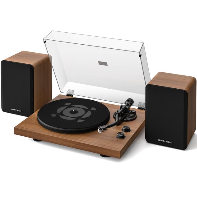 Qlearsoul SoulBox S1 Plattenspieler mit Stereo Lautsprechern, Bluetooth Plattenspieler, Vinyl Record Player mit integriertem Vorverstärker, S-förmigem Tonarm, 33/45 RPM Braun