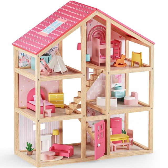 Tiny Land Puppenhaus aus Holz für Mädchen – Puppenhaus aus Holz mit 6 Zimmern, DIY-Traumhaus mit 30 Möbelzubehörteilen, Geschenk für Mädchen ab 3 Jahren