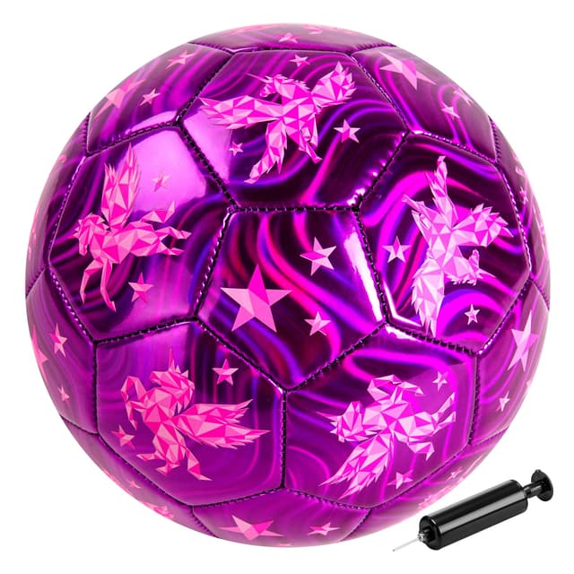 INPODAK Größe 4 Fußball, lila Einhorn Fußball mit Handpumpe,Fußbälle für Kinder 5 6 7 8 9 10 Jahre alt,Mädchen Fussball, Kinderball Fußbälle,Outdoor Bälle für den Garten, Rasen und Spielplatz