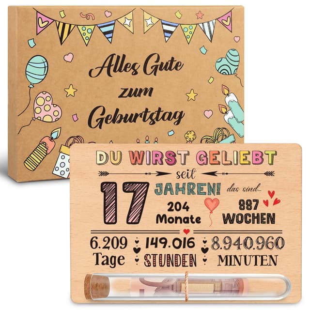 Giftota 17 Geburtstag Geldgeschenke Holz mit Reagenzglas Juteschnur Holzkarte Geschenkbox - 17 Geburtstag Geschenk Mädchen Jungen