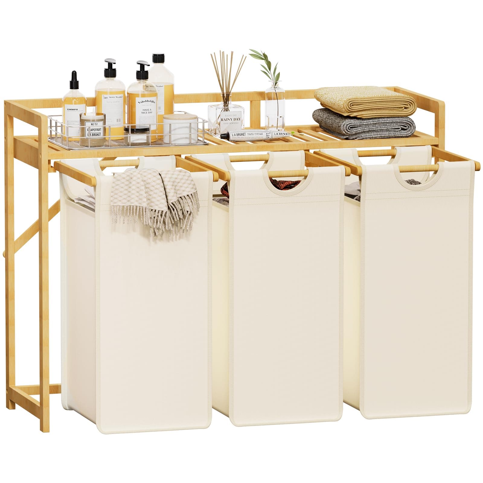 Lifewit Wäschekorb mit Bambusrahmen, 150L Wäschesammler 3 Fächer, Abnehmbarer Wäschebox Bambus Wäschesortierer für Kleidung, Handtücher, Spielzeug, 96. 2X 33.4 X 72 cm, Weiß