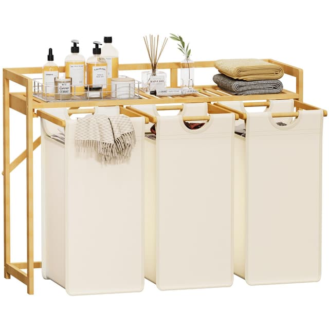 Lifewit Wäschekorb mit Bambusrahmen, 150L Wäschesammler 3 Fächer, Abnehmbarer Wäschebox Bambus Wäschesortierer für Kleidung, Handtücher, Spielzeug, 96. 2X 33.4 X 72 cm, Weiß