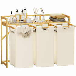 Lifewit Wäschekorb mit Bambusrahmen, 150L Wäschesammler 3 Fächer, Abnehmbarer Wäschebox Bambus Wäschesortierer für Kleidung, Handtücher, Spielzeug, 96. 2X 33.4 X 72 cm, Weiß Angebot bei HelloDeals