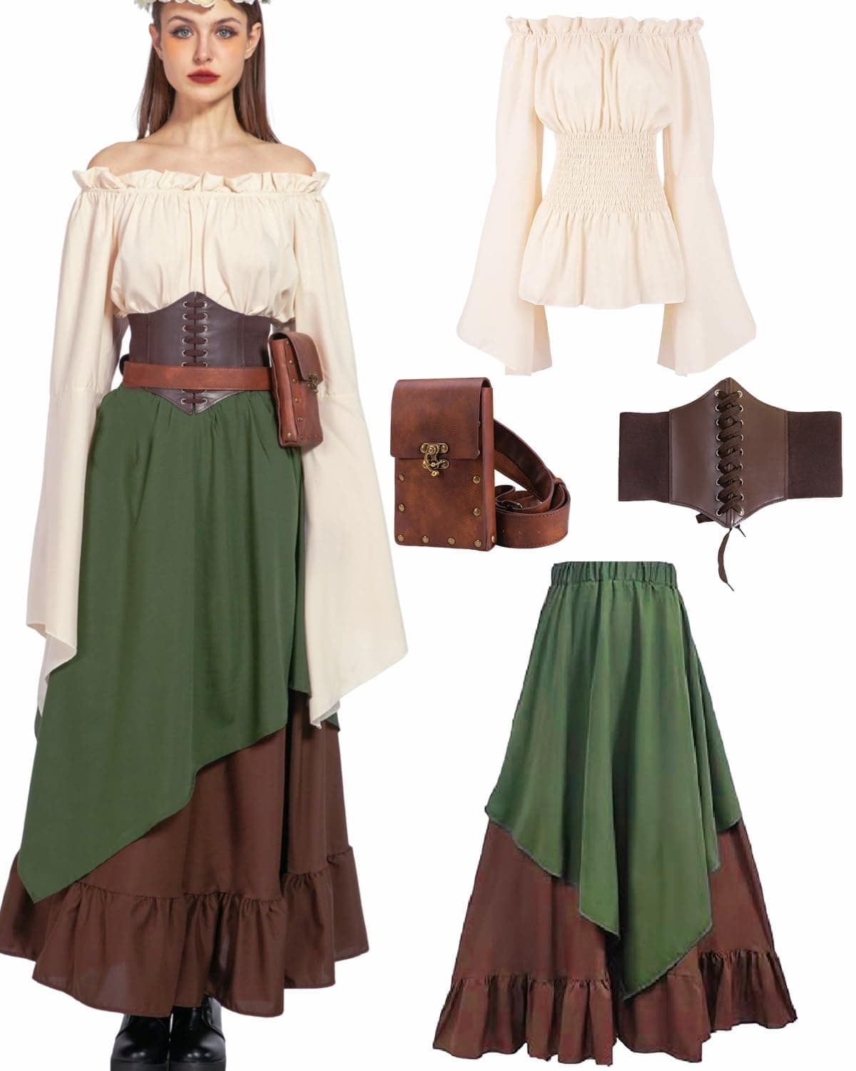 5pcs Mittelalter Kleidung Damen Set, Retro Off Shoulder Bluse Kleid Renaissance Kostüm Victorian Bekleidung Maxi Dressm mit Corsett, Gürteltasche, Gürtel, Karneval Faschingskostüm
