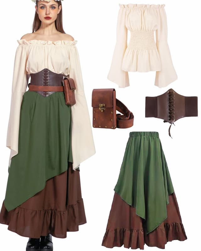 5pcs Mittelalter Kleidung Damen Set, Retro Off Shoulder Bluse Kleid Renaissance Kostüm Victorian Bekleidung Maxi Dressm mit Corsett, Gürteltasche, Gürtel, Karneval Faschingskostüm