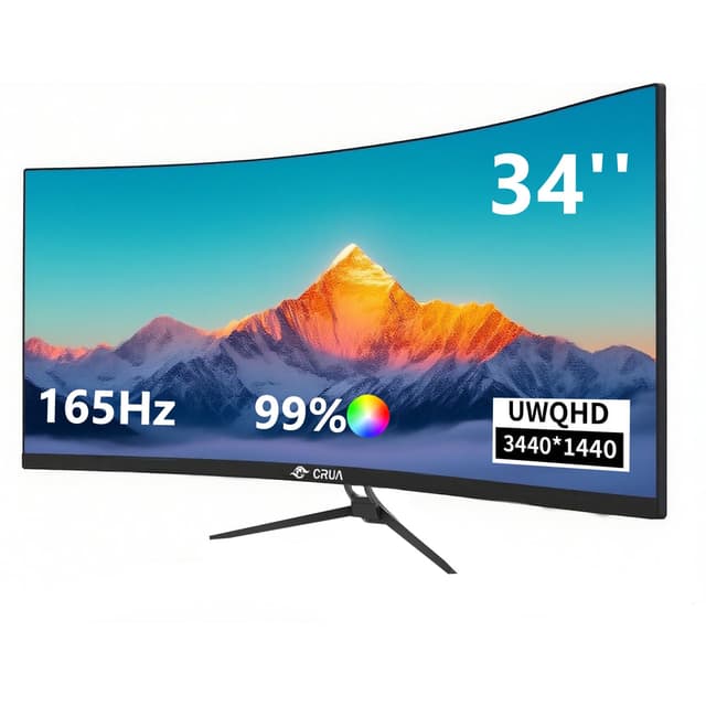 CRUA 34Inch Ultrawide Gaming Monitor,(3440 * 1440P) 165Hz Curved Monitor,99% sRGB,Computer Monitor Supports AMD Freesync,Wall Mountable Installs(HDMI,DP) WQHD Monitor for Gaming,Photo Editing 34 Zoll WQHD 165Hz